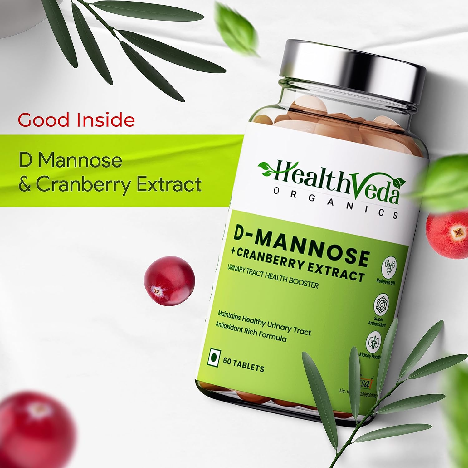 HEALTH VEDA ORGANICS PRIVATE LIMITED D-Mannose 500 mg + Cranberry Extract 200 mg | 60 Veg Tablets I Supports Kidney Health & Urinary Tract Infection