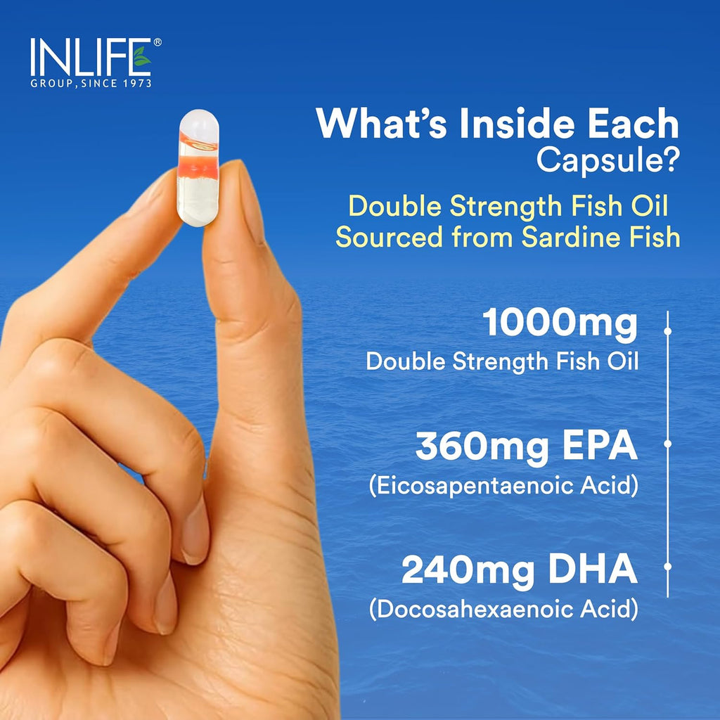 INLIFE Fish Oil Omega 3 Capsule 1000mg | Double Strength | Supplement for Heart, Brain and Joint Health for Men Women | EPA:DHA - 360:240-60 Liquid Filled Capsules