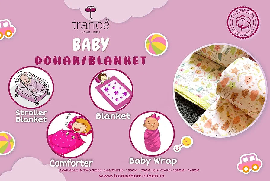 Trance Home Linen Pure Malmal Cotton Multipurpose Baby Dohar 3-Layered Baby Swaddle Blanket Colour Damask Grey Mustard