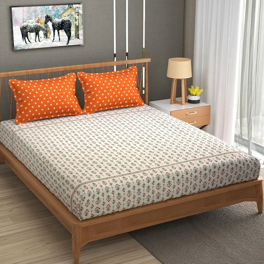 Homefab India 210 TC Glace Cotton King Size BedSheet with 2 Pillow Covers Floral Orange