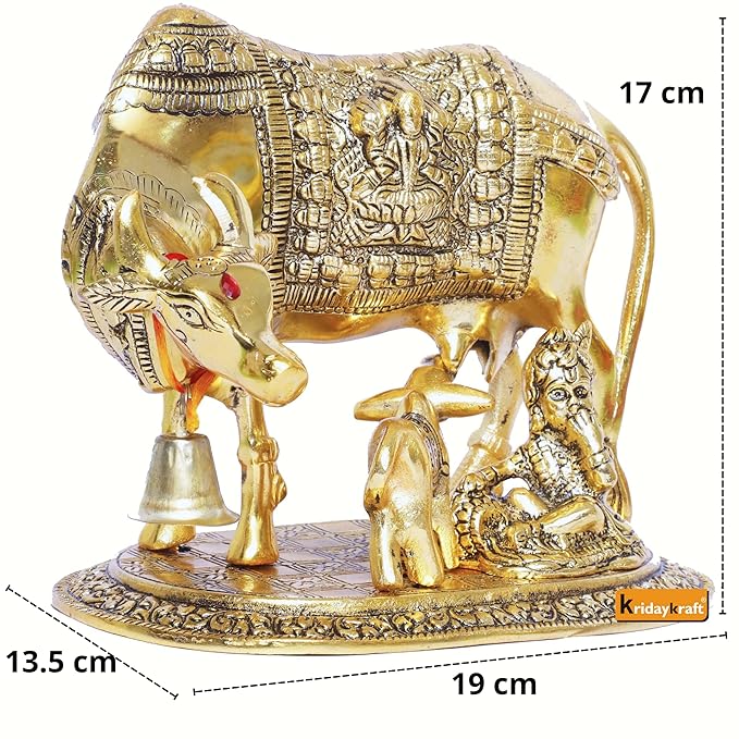 KridayKraft Metal Kamdhenu Cow Calf with Bal Gopal Krishna Statue for Good Luck Gold Standard