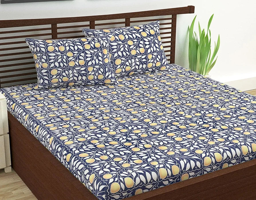 Divine Casa Double Size Bedsheet for Double Bed 144 TC Pure Cotton Queen Size with 2 Pillow Covers Floral Colour Navy & Orange