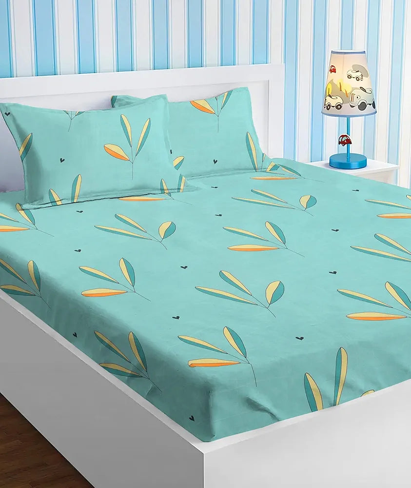 Homekart Premium Cotton Elastic Fitted Bedsheets with 2 King Size Pillow Covers Double Bed with Floral Pattren Aqua Blue 200 tc - 220 tc