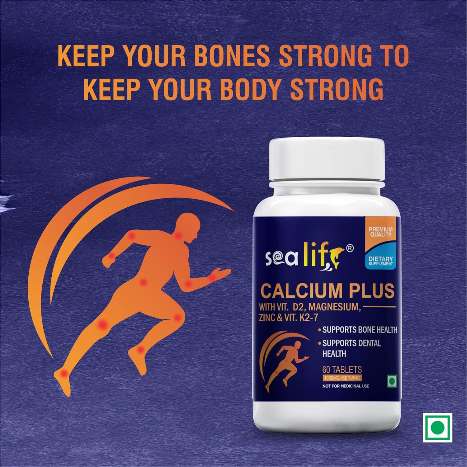 Sea Life Calcium Plus (60 Tablets) With Vitamin D2, k2-7 Magnesium & Zinc | Supports Stronger Bones, Teeth, Immunity & Muscle Health For Women and Men.