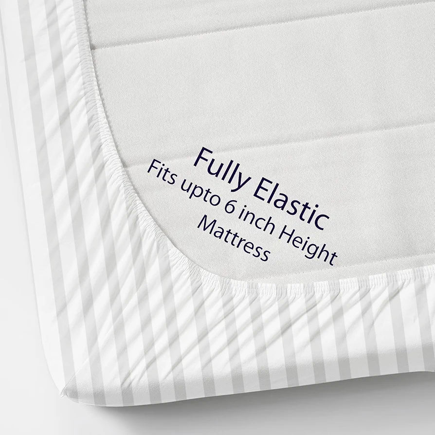 Homefab India 160 TC Stripe Cotton Feel Glace Cotton Elastic Fitted King Size Double Bed Bedsheet with 2 Pillow Covers Fits Upto 6 inches Mattress White