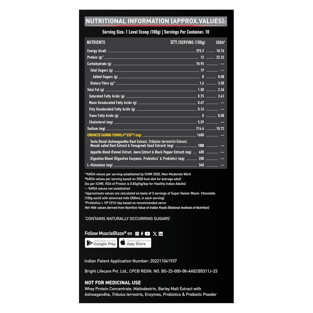 MuscleBlaze Super Gainer Black with Enhanced Gaining Formulaâ„¢- Appetite, Digestion & Testo Blend for Muscle Mass Gain (Chocolate, 1 kg / 2.2 lb)