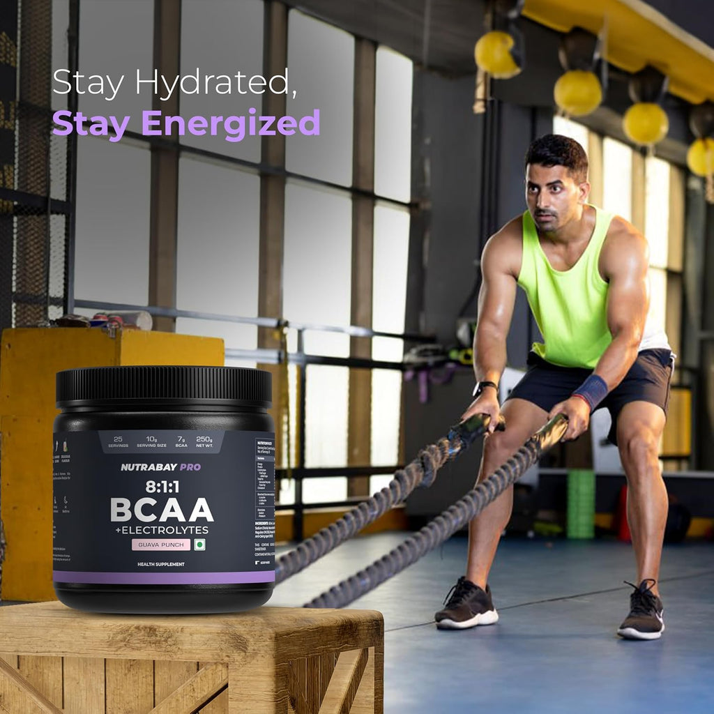 Nutrabay PRO BCAA 8:1:1 with Electrolytes 7000 mg Vegan BCAAs, 1000mg Electrolytes per Serving â€“ Intra/Post Workout Energy Drink â€“ Gluten & Dairy Free - 250g, Guava Punch