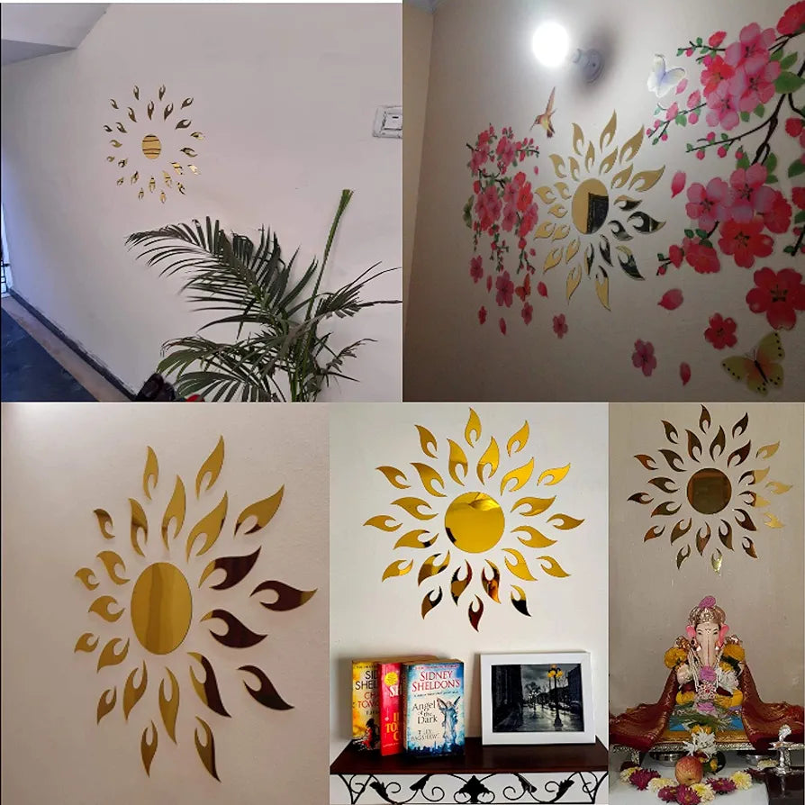 Bikri Kendra Sun Golden with Golden 20 Butterfly 3D Acrylic Decorative Mirror Wall Sticker Wall Mirror Stickers 3D Acrylic
