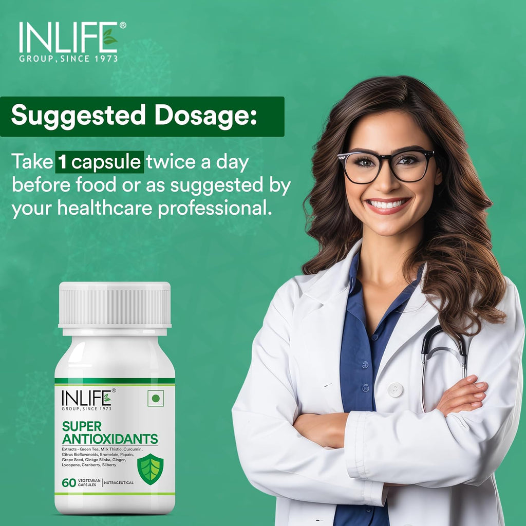 INLIFE Super Antioxidant Supplement Lycopene, Green Tea, Milk Thistle, Curcumin, Grape Seed, Ginkgo Biloba, Ginger, Cranberry, Alpha Lipoic Acid, Lutein, Zeaxanthin - Pack of 60 Vegetarian Capsules