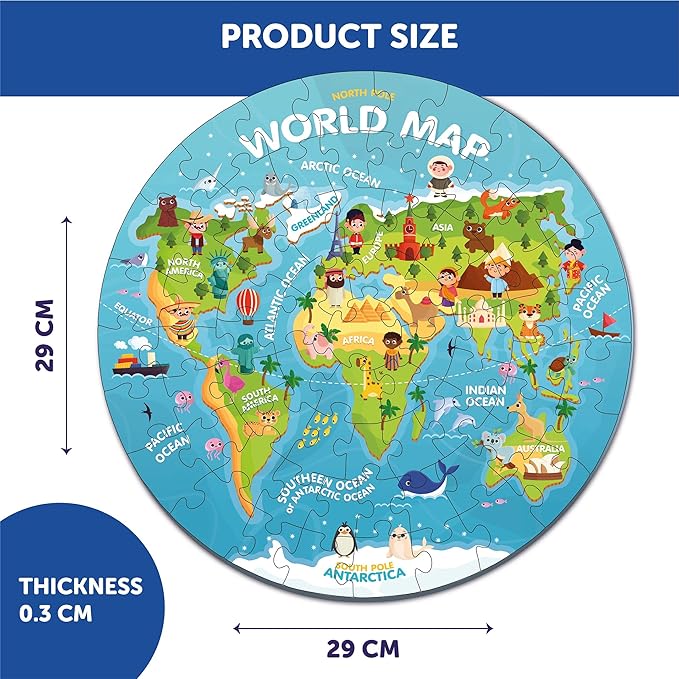 Mini Leaves 72 Piece Wooden Round Puzzle for Kids | World Map Jigsaw Puzzle | Fun & Challenging Wooden Floor Puzzle Game