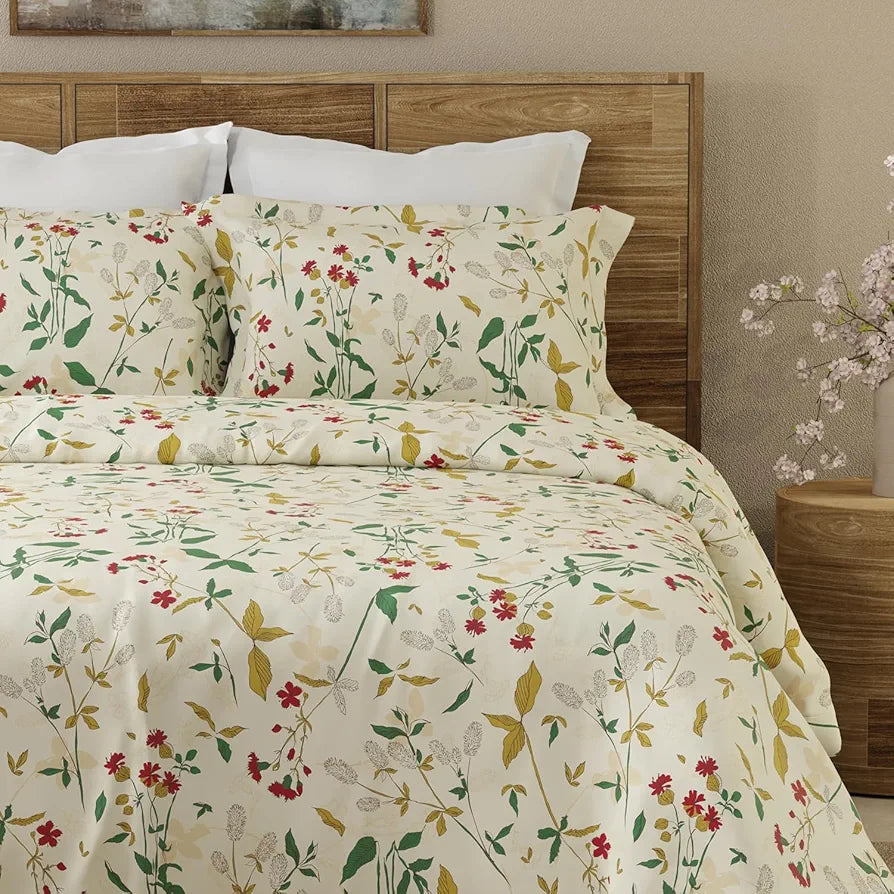 Layers Emaline Cotton Double Bedsheet Set 1 Double Cotton Bedsheet & 2 Pillow Covers 144 TC Beige Floret Meadow