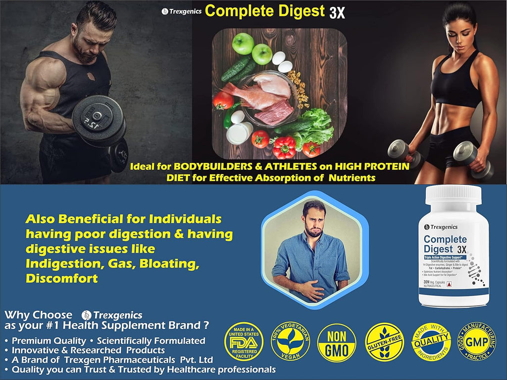 Trexgenics COMPLETE DIGEST 3X, Triple Action Digestive Support for Fat, Carbohydrates & Protein, Lactose and Fibers with 14 Enzymes, Ginger and Bile Cholic acid (30 capsules) (Pack of 1), 60 grams
