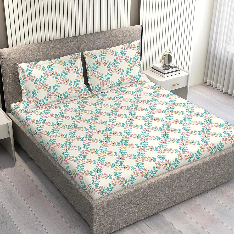 Layers Marigold Cotton Bedsheet Set for All Seasons Lightweight 144 TC King Size Beige Floral