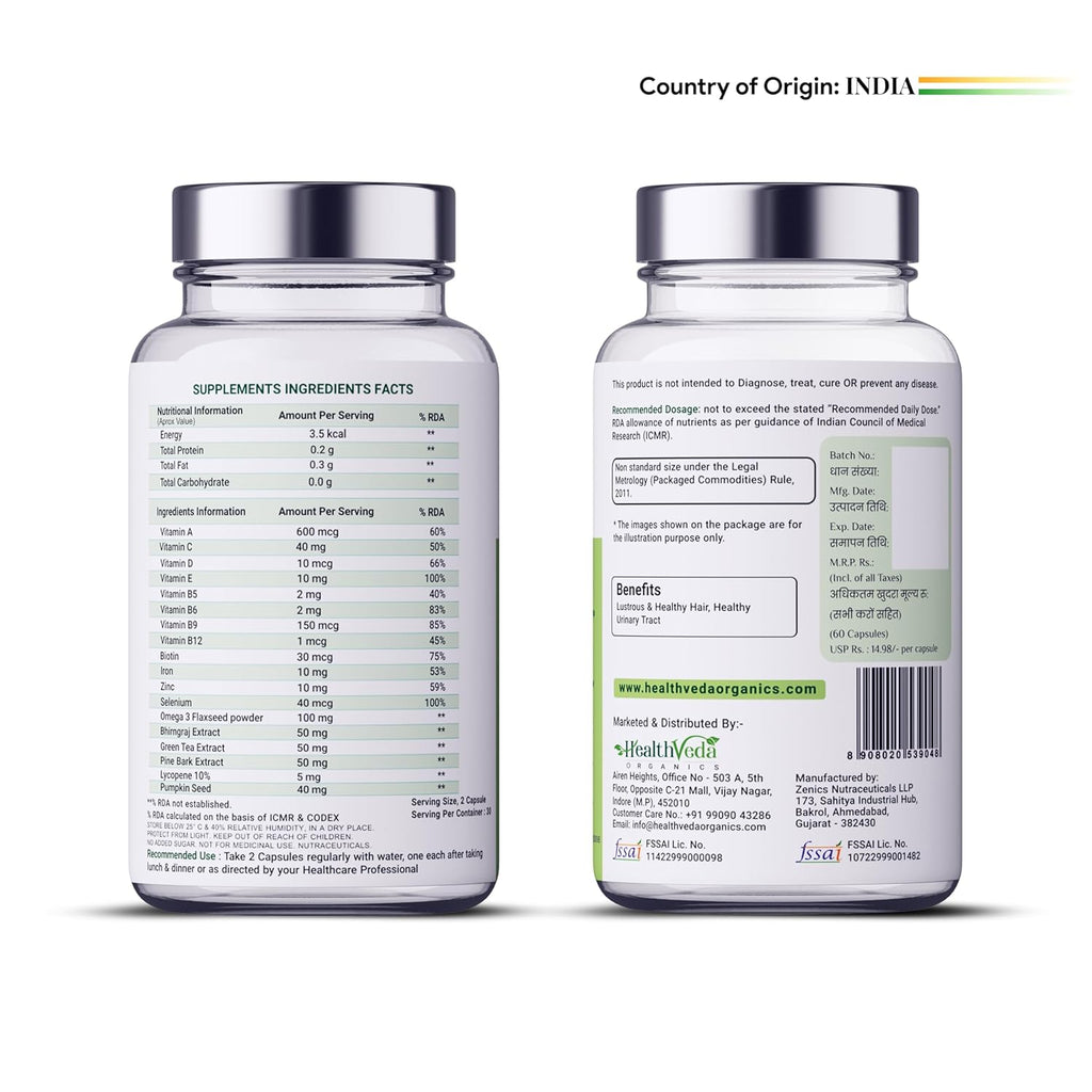 HEALTH VEDA ORGANICS PRIVATE LIMITED Advance Hair Vitamin with DHT Blocker & Biotin | For Better Hair Growth & Hair Fall Control | Stimulates Hair follicles | For Men & Women - 60 Veg Capsules