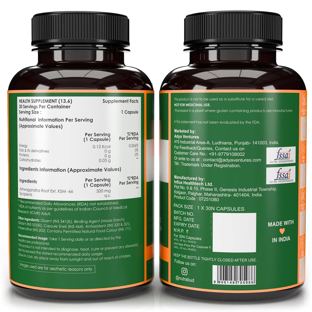 Nutrabud Ashwagandha KSM66 500mg - 30 Capsules - KSM 66 Ashwagandha Tablets for Men & Women - 5% Withanolides for Stress Relief, Energy & Recovery Support (30 Count (Pack of 1), Unflavoured)
