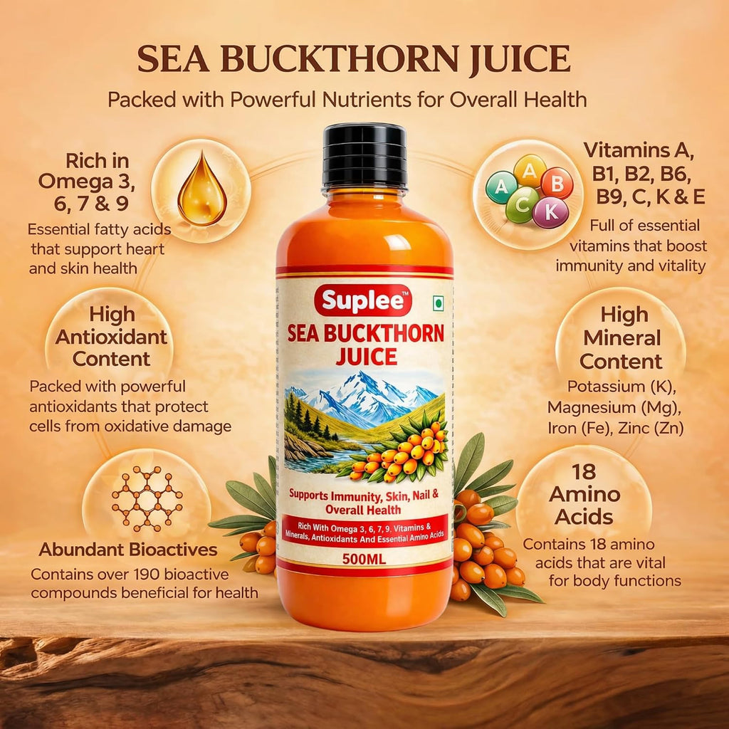 Suplee Himalayan Sea Buckthorn Juice 500ml | Cold Pressed Wild Seabuckthorn Berries | Rich in Omega 3 6 7 9, Vitamins | for Immunity, Skin Care and Vitality | Zero Added Sugar | 500ml