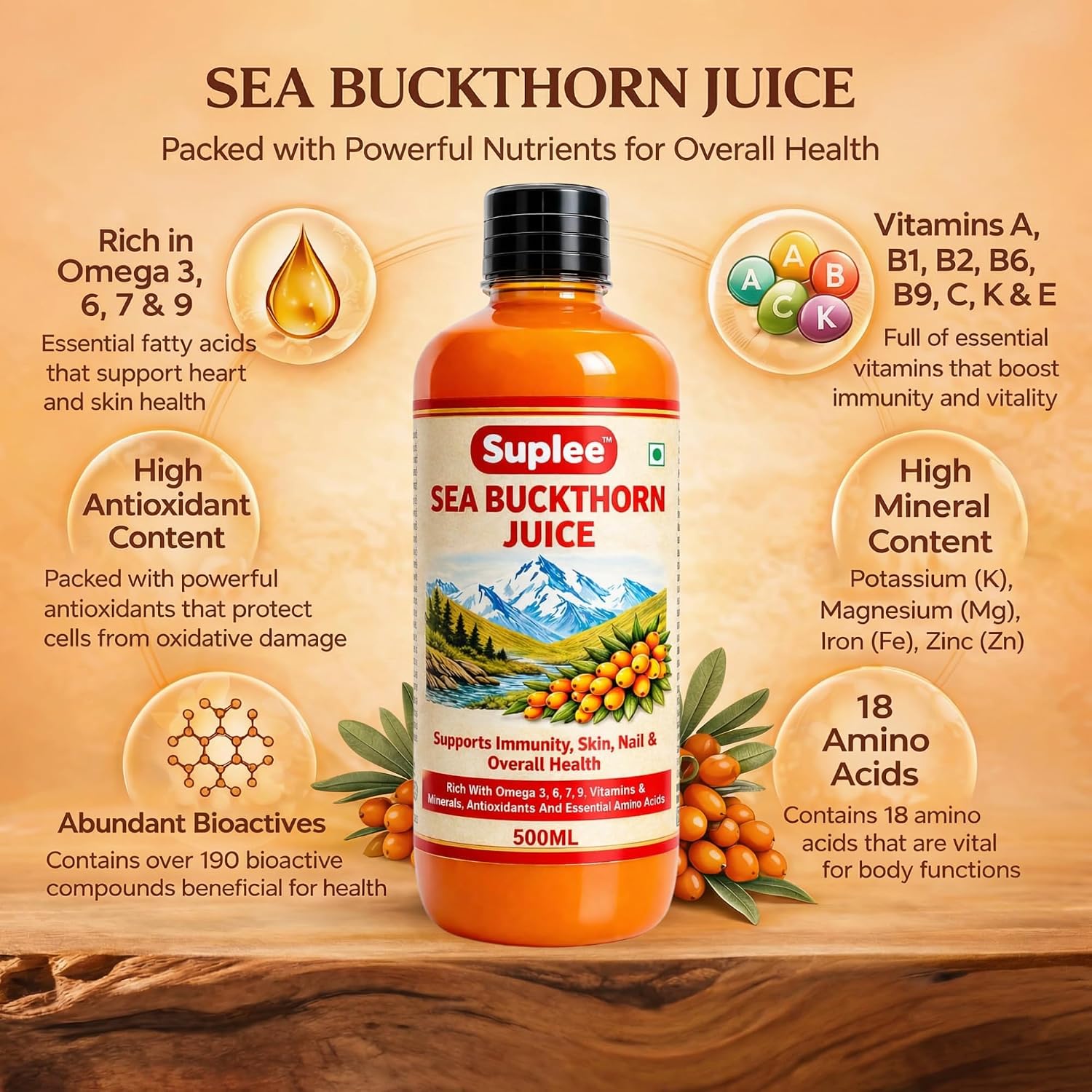 Suplee Himalayan Sea Buckthorn Juice 500ml | Cold Pressed Wild Seabuckthorn Berries | Rich in Omega 3 6 7 9, Vitamins | for Immunity, Skin Care and Vitality | Zero Added Sugar | 500ml