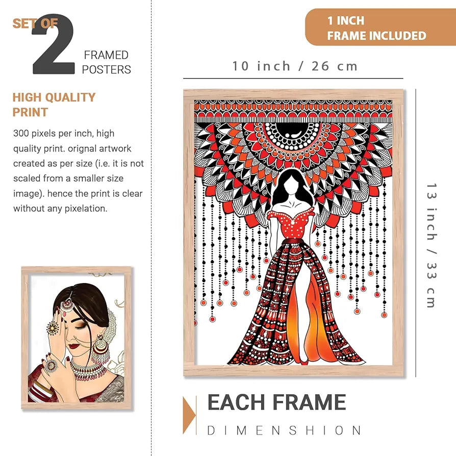 Kotart Indian Woman Digital Painting with Frame Traditional Painting Pack of 2