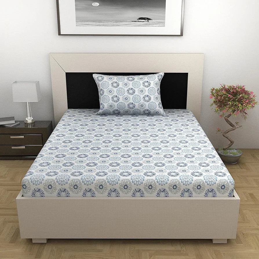 Divine Casa 100% Cotton Bedsheet for Single Bed 144 TC Bedsheet Single Size Bed Cotton with 1 Pillow Cover Colour Blue Beige