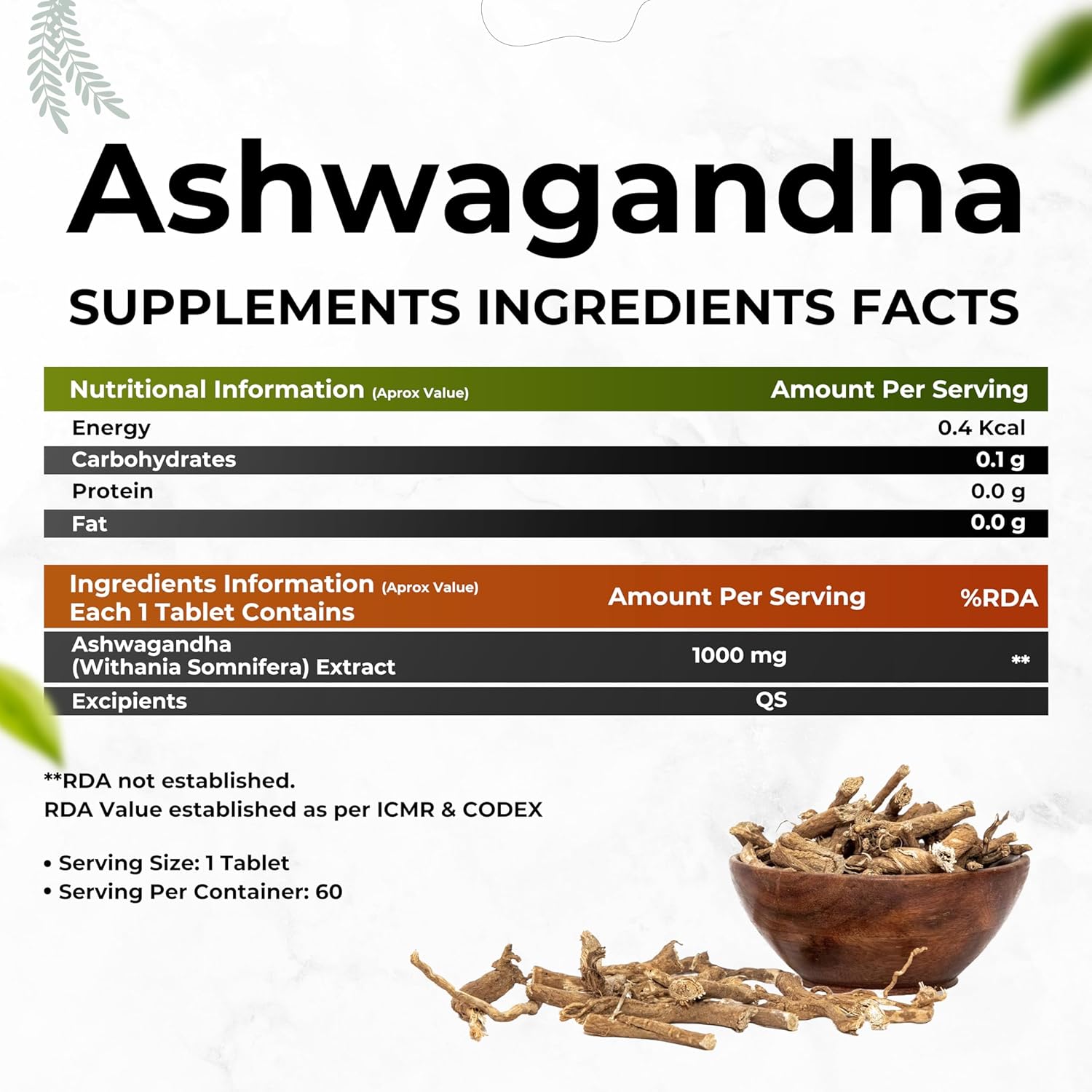 HEALTH VEDA ORGANICS PRIVATE LIMITED Ashwagandha 1000Mg | High Strength Potent Formula | Boosts Immunity & Energy | Rejuvenates Mind & Body | 60 Veg Tablets | For Both Men & Women