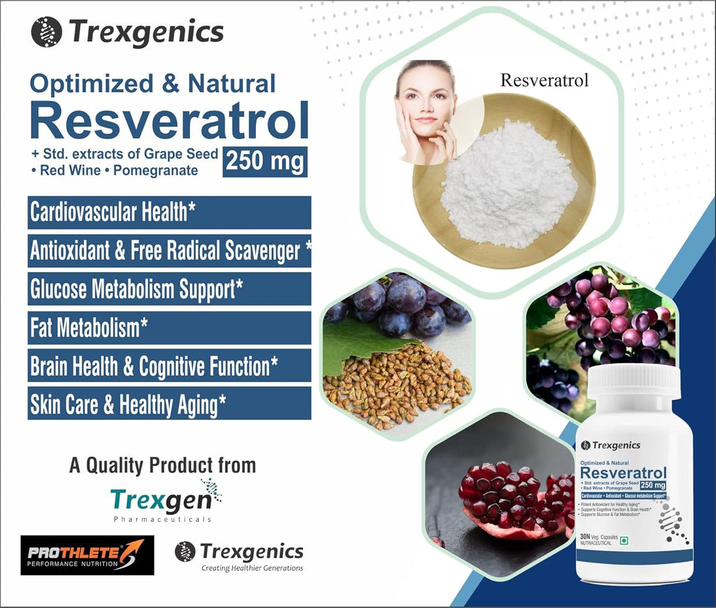 Trexgenics Natural RESVERATROL 250 mg + Grape Seed OPC, Pomegranate Ellagic acid, Red Wine Cardiovascular Health, Antioxidant & Glucose Metabolism VEGAN & NON-GMO (30 Veg. Capsules) (Pack of 1)