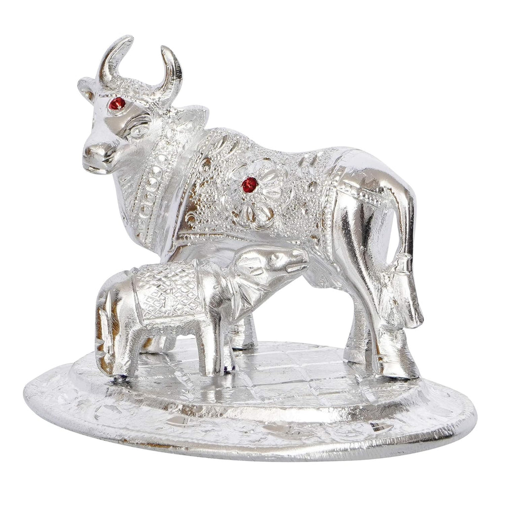 Ecraftindia Premium White Metal Decorative Kamdhenu Cow With Calf Figurine
