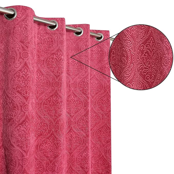 Loomlyfe Damas Heavy Soft Thick Premium Designer Room Darkening Blackout Window Curtain | 2 Pieces | 5 Feet | Pink