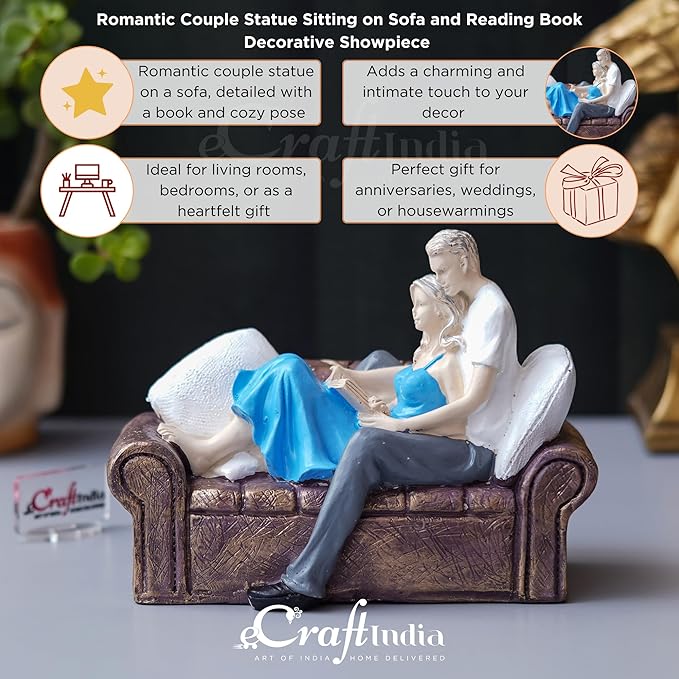 Ecraftindia Romantic Couple Statue Sitting on Sofa and Reading Book Decorative Showpiece