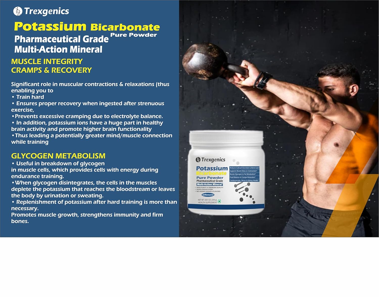 Trexgenics POTASSIUM BICARBONATE Pure Powder Pharmaceutical Grade Electrolyte Balance, Nerve & Muscle Health (250 gram / 8.81 OZ)