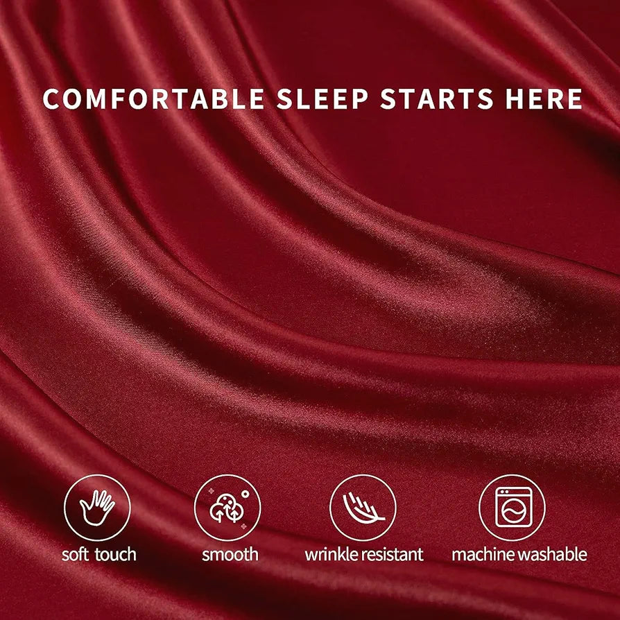 Cloth Fusion Satin Bedsheet for Queen Size Bed Set of 1 Satin Sheet 2 Pillow Covers H603 115 TC Crimson Red