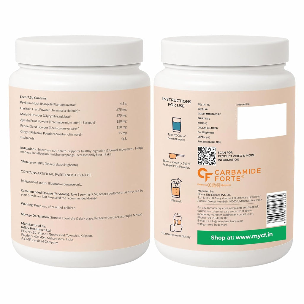 Carbamide Forte Isabgol Powder - 225gm | Psyllium Husk Powder With Haritaki, Ajwain & Fennel | Fiber supplement for Constipation Relief & Digestion | Orange Flavour
