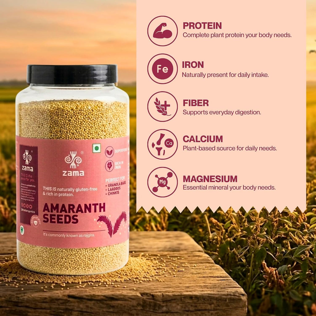 Zama Organics Amaranth Seeds 1Kg Jar | Rich in Fiber & Protein | Keto Friendly | Gluten free, Calcium Rich | No Cholesterol | Rajgira Seed | Best for soups, chapati, salads