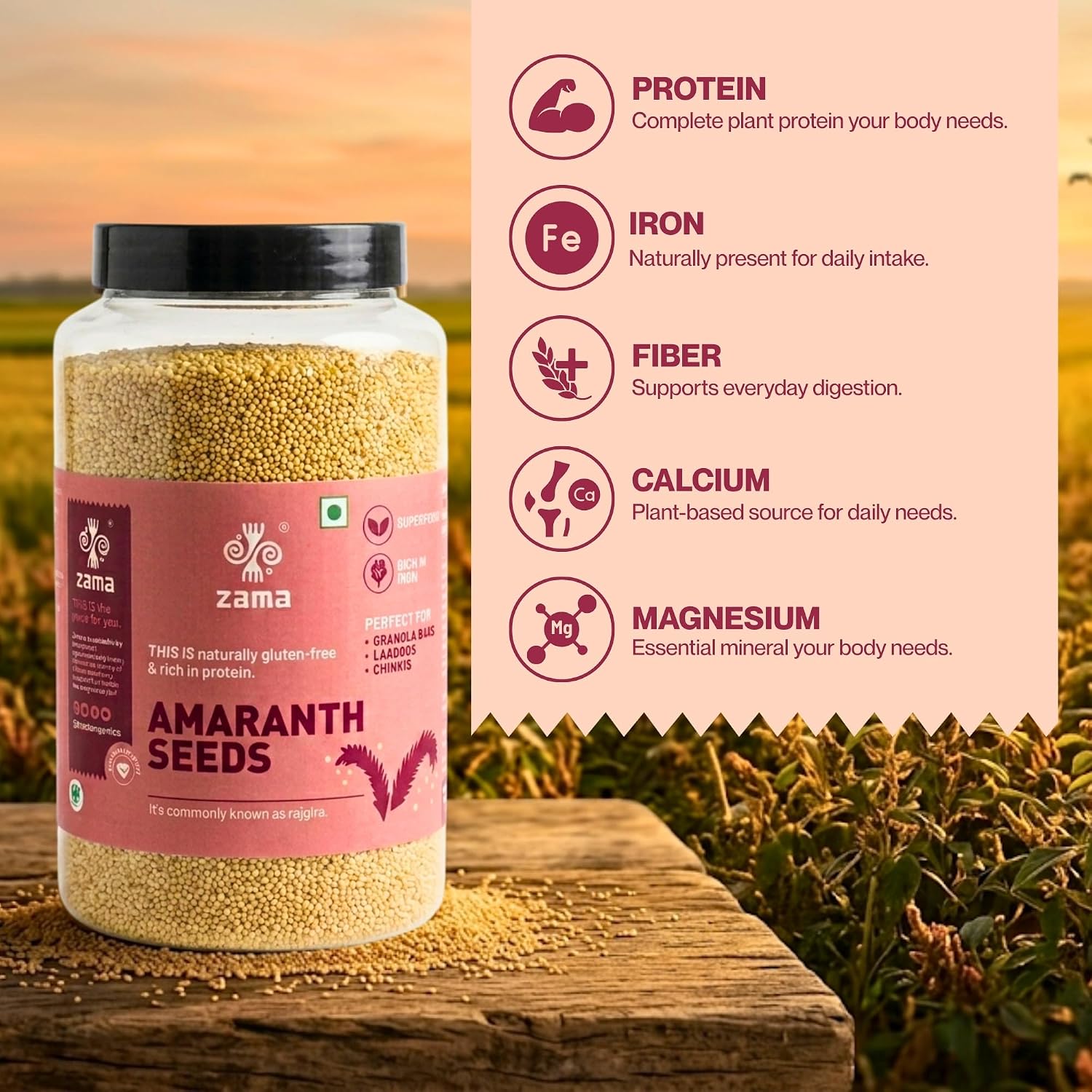 Zama Organics Amaranth Seeds 1Kg Jar | Rich in Fiber & Protein | Keto Friendly | Gluten free, Calcium Rich | No Cholesterol | Rajgira Seed | Best for soups, chapati, salads