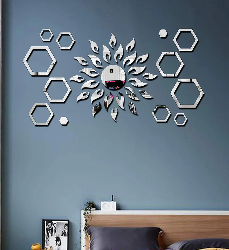 Bikri Kendra Art BK71 Sun with Hexagon Ring 2 Set - 3D Acrylic Mirror Stickers for Wall Silver
