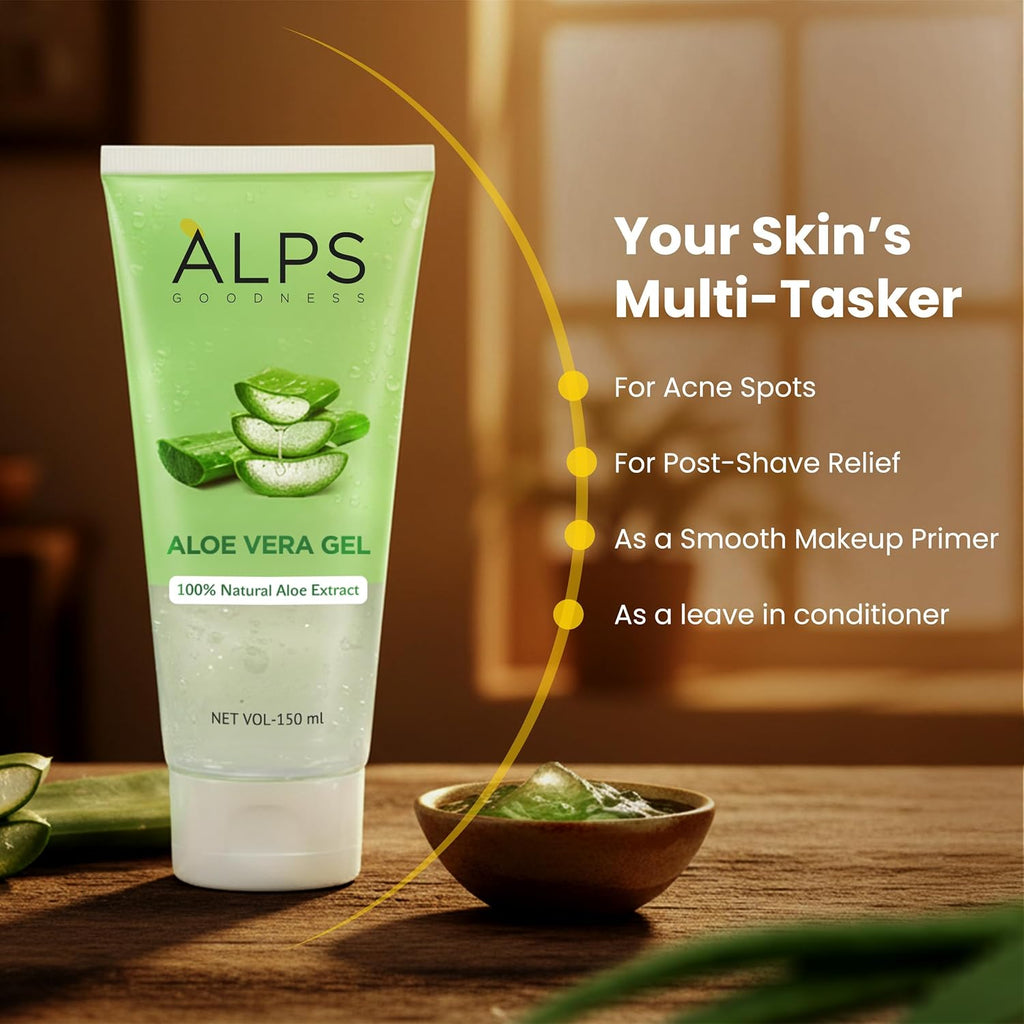 Alps Goodness Aloe Vera Gel, 150ml | 100% Natural Aloe Extract | Hydrating Cooling & Soothing Gel for Face, Hair & Body | Helps Calm Sunburn, Razor Burns & Dryness | Lightweight | Paraben-Free