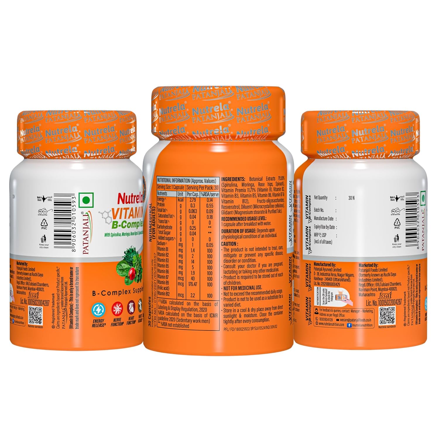 Nutrela Daily Energy Biofermented B Complex for Men & Women - 30 Veg Capsules