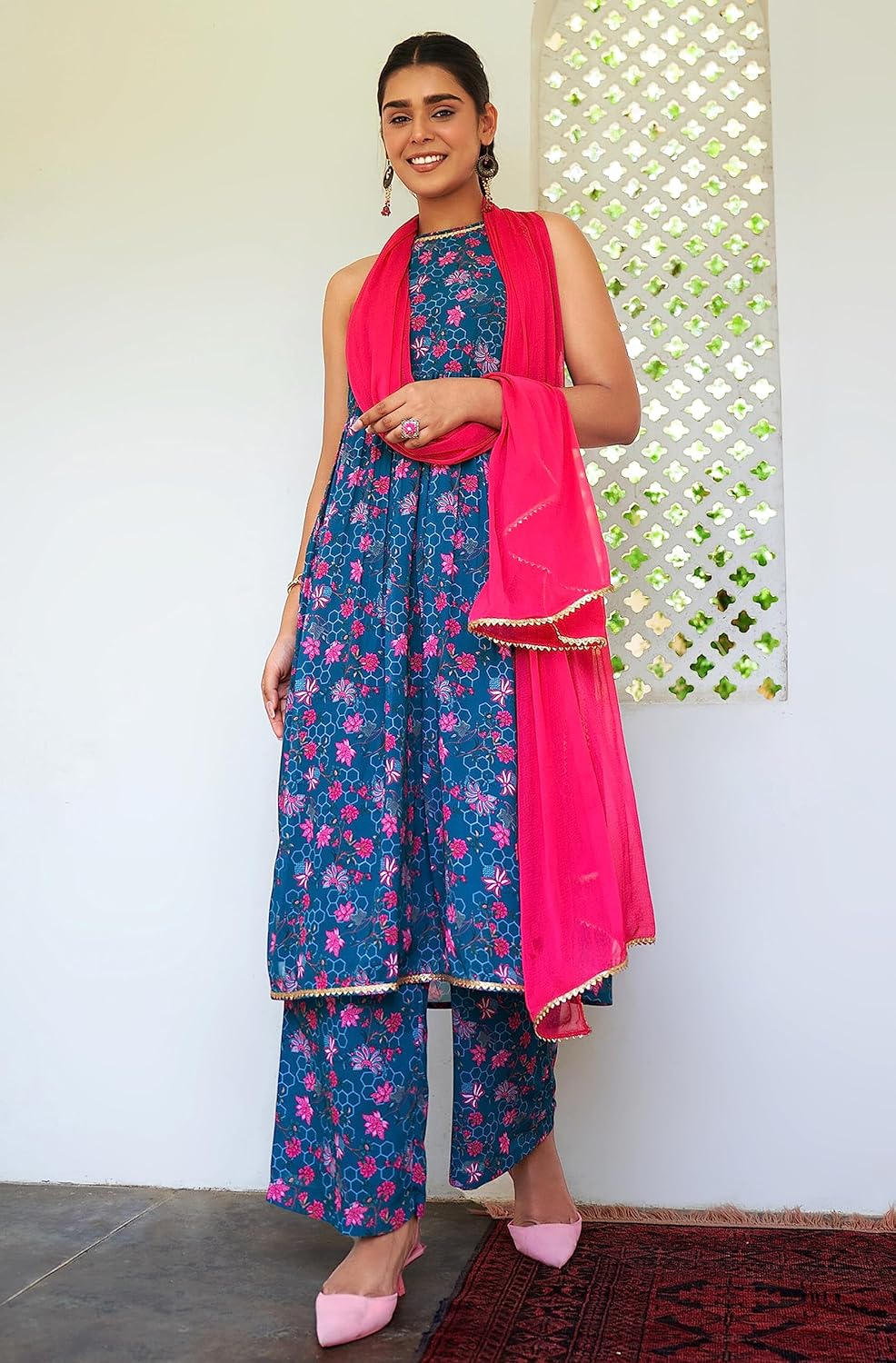 Janasya Women's Georgette Digital Floral Printed Embellished Kurta Set Blue