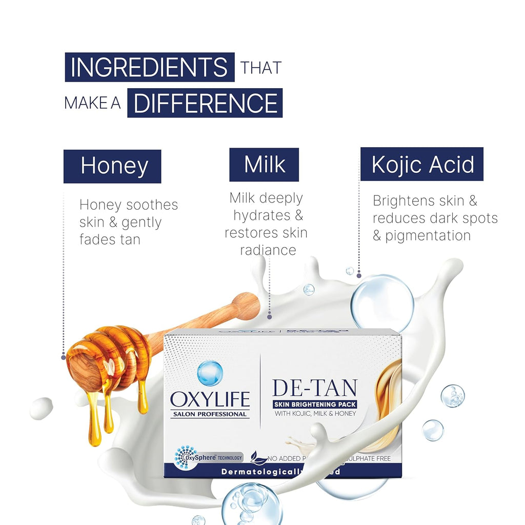 Oxylife Salon Professional De-Tan Pack - 12g x 4 (48g) | 15-Min Tan Removal Cream | With Kojic Acid, Milk & Honey | Suitable for Men & Women | Dermatologically Tested | Sulphate & Paraben Free