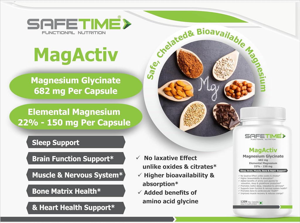 MagActiv MAGNESIUM GLYCINATE (Elemental Magnesium 150 mg per Capsule) Chelated, Bioavailable & Safe Sleep, Bone, Muscle, Heart Health (120 Veg. Capsules)