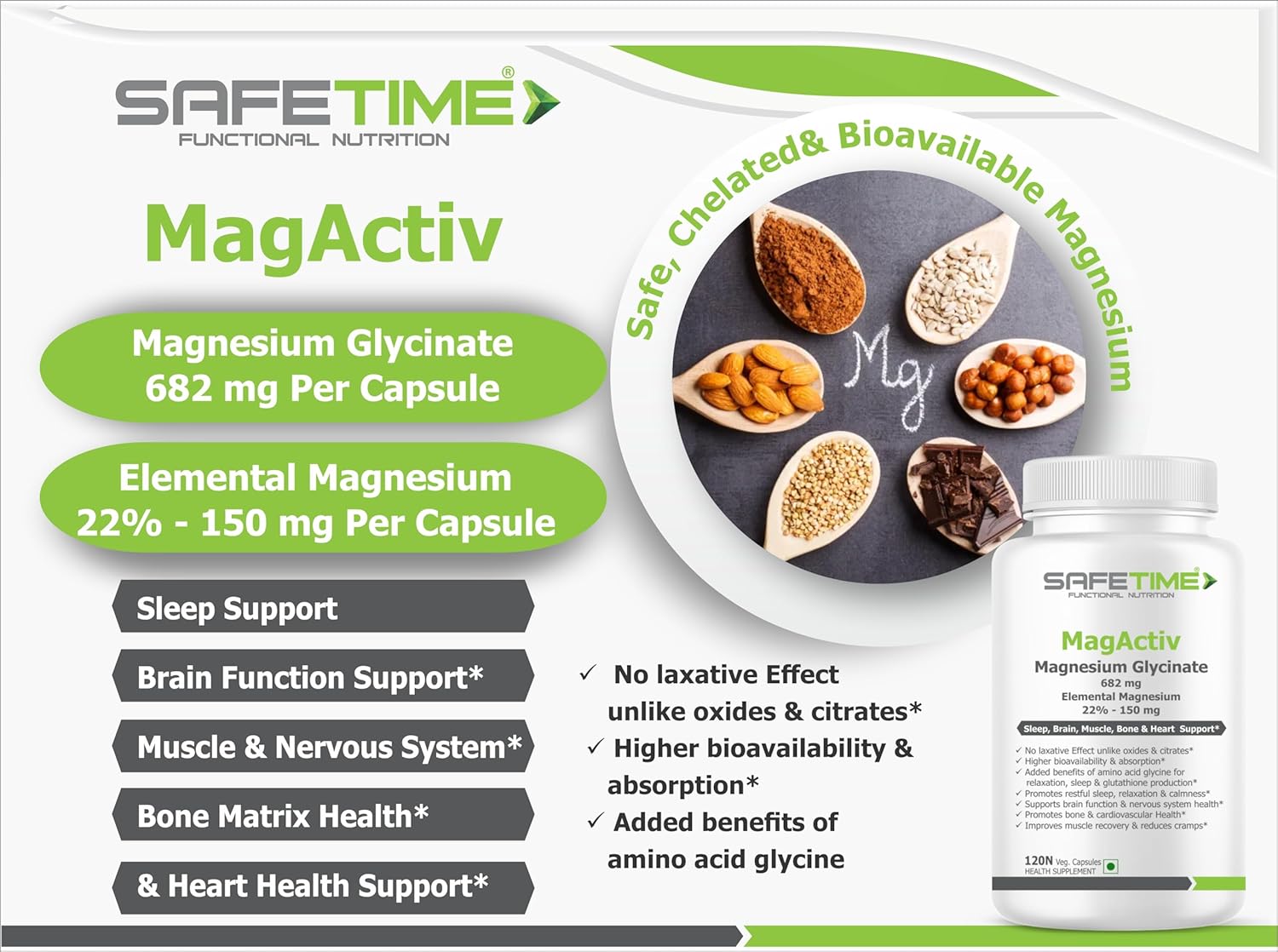 MagActiv MAGNESIUM GLYCINATE (Elemental Magnesium 150 mg per Capsule) Chelated, Bioavailable & Safe Sleep, Bone, Muscle, Heart Health (120 Veg. Capsules)