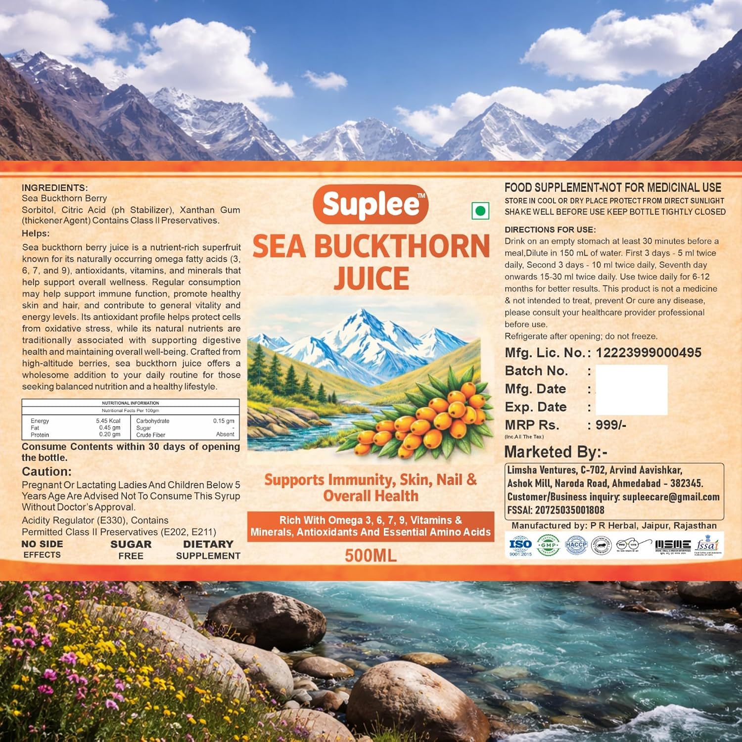 Suplee Himalayan Sea Buckthorn Juice 500ml | Cold Pressed Wild Seabuckthorn Berries | Rich in Omega 3 6 7 9, Vitamins | for Immunity, Skin Care and Vitality | Zero Added Sugar | 500ml