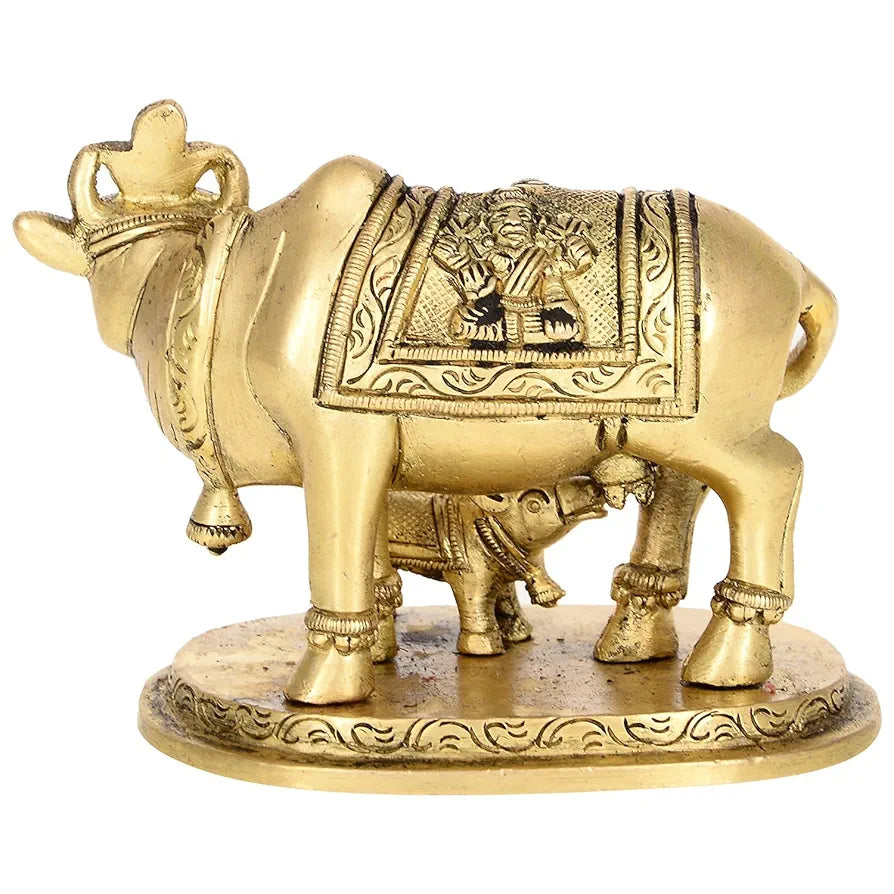 Two Moustaches Brass Holy Kamdhenu Cow and Calf Sculpture