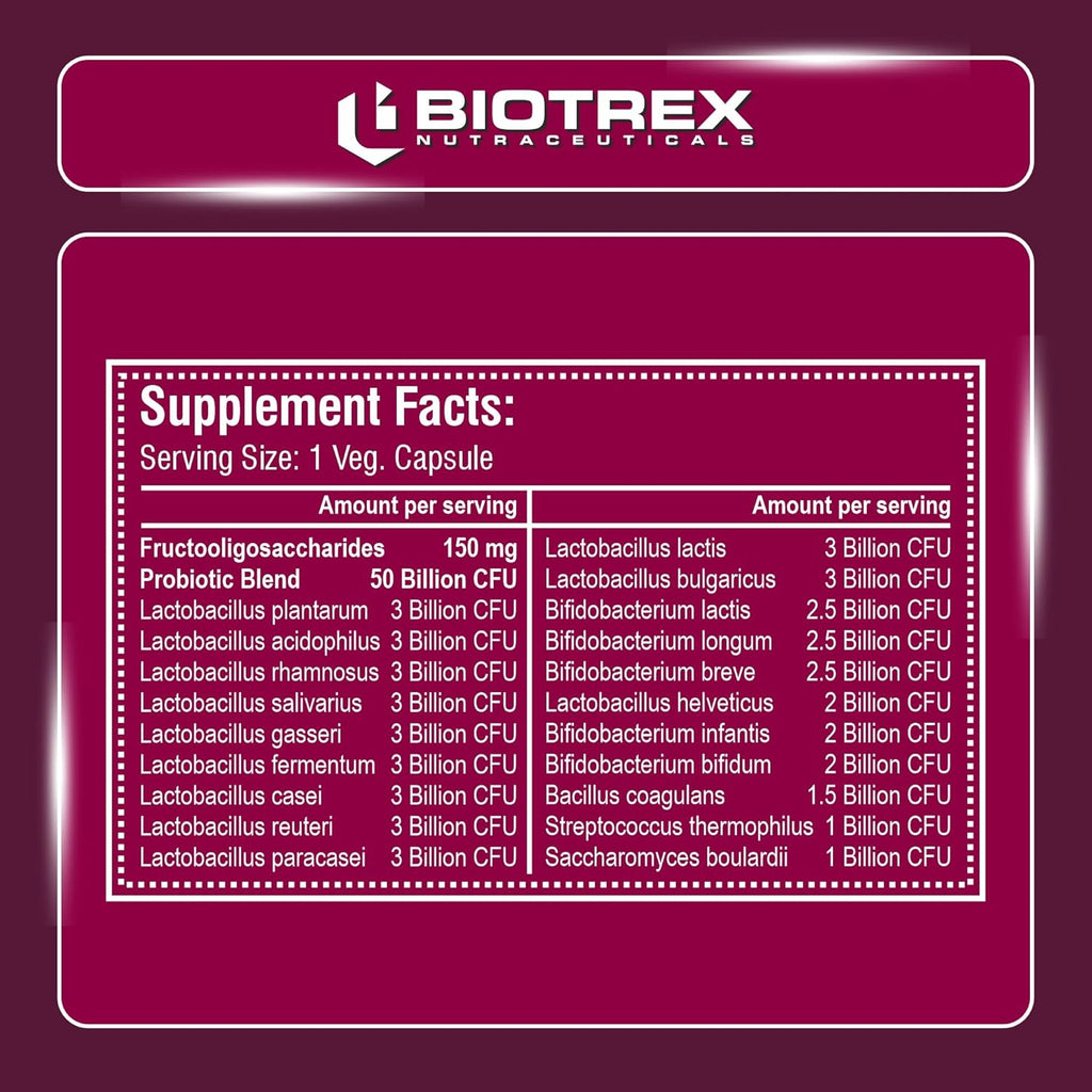 Biotrex Nutraceuticals Probiotics 50 Billion With 150mg Prebiotics Supplement For Gut Health - 60 Capsules