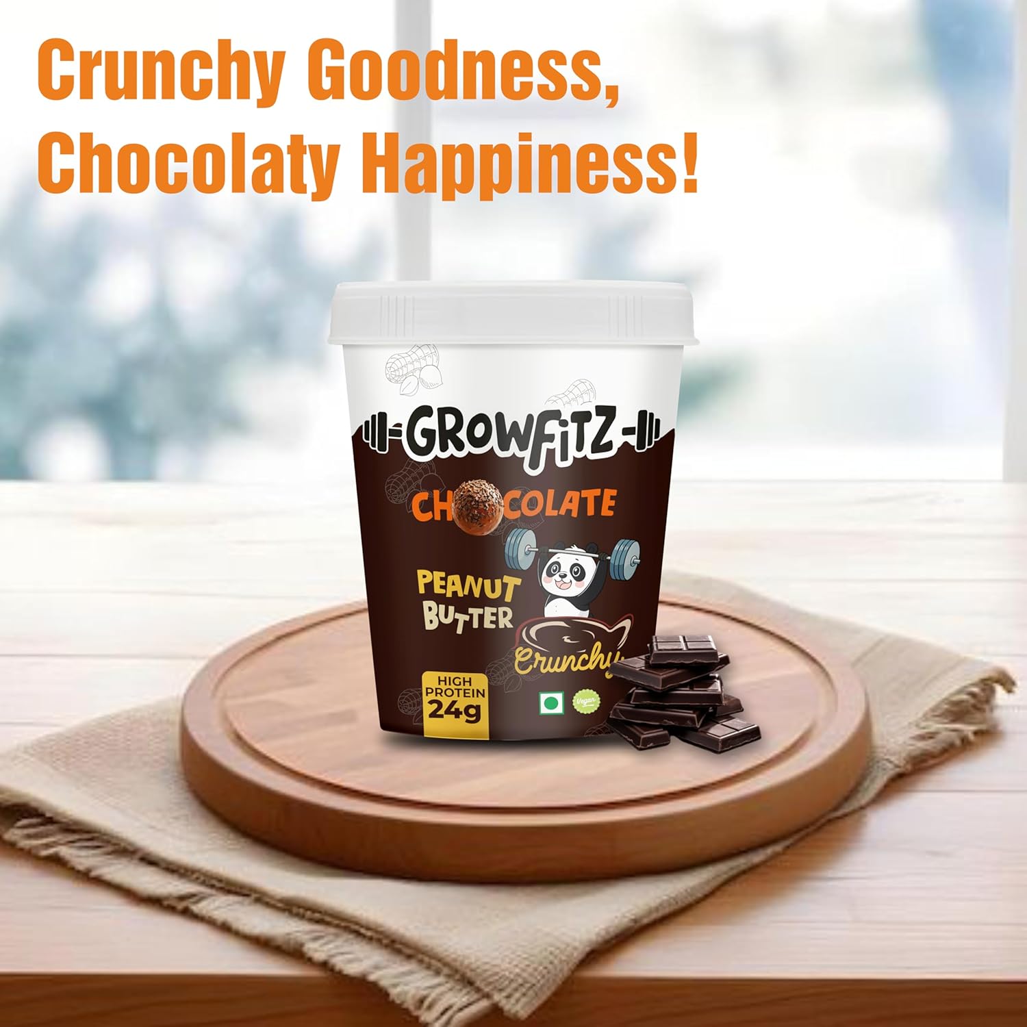 Growfitz Peanut Butter Chocolate Crunchy 400g | 24g High Protein Peanut Butter | 7g Fiber | Tasty & Healthy Nut Butter Spread for Breakfast & Snacks | Roasted Peanuts | Zero Sugar (Pack of 1)