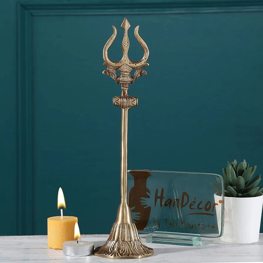 Two Moustaches Brass Shiva's Trishul with Damru Decorative Showpiece