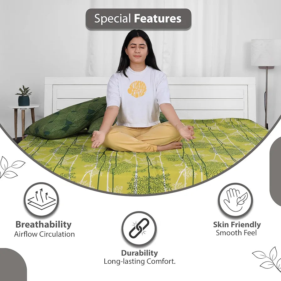 Divine Casa 144 TC 100% Cotton King Bedsheet with 2 Pillow Covers Floral Pattern Colour Tree Green
