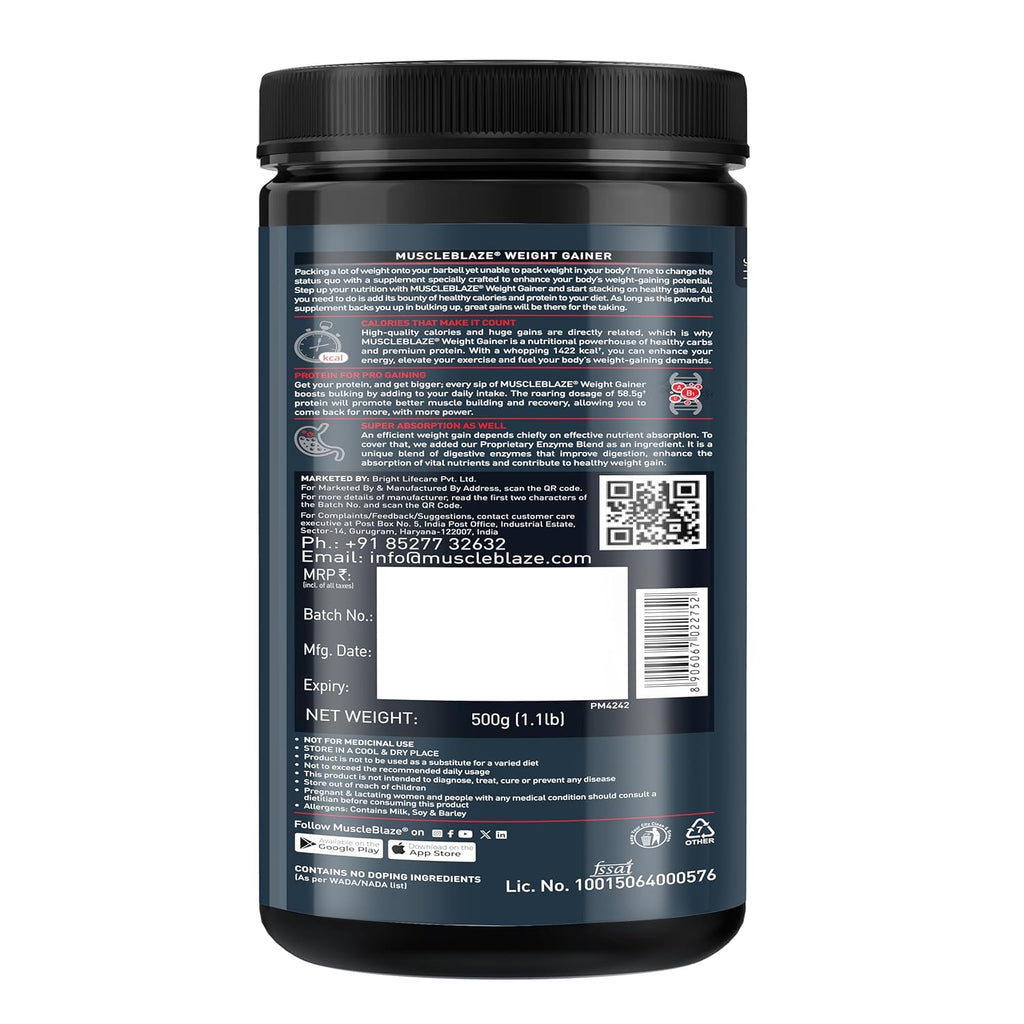 MuscleBlaze Weight Gainer with Added Digezyme (Chocolate, 500g / 1.1lbs, 5 Servings)
