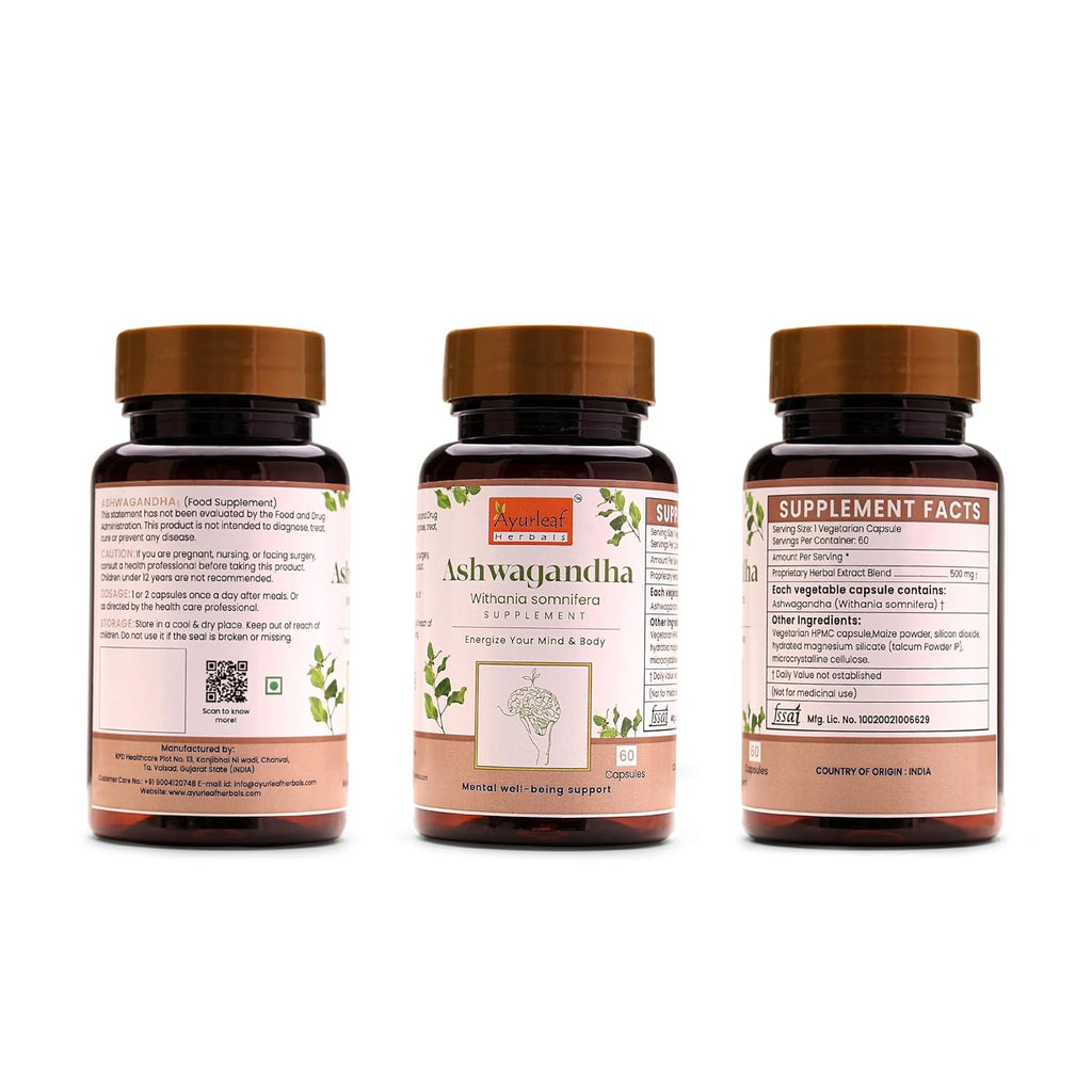 Ayurleaf Herbals Ashwagandha Capsules With Goodness of Natural Extracts of Ashwagandha - 60 Caps