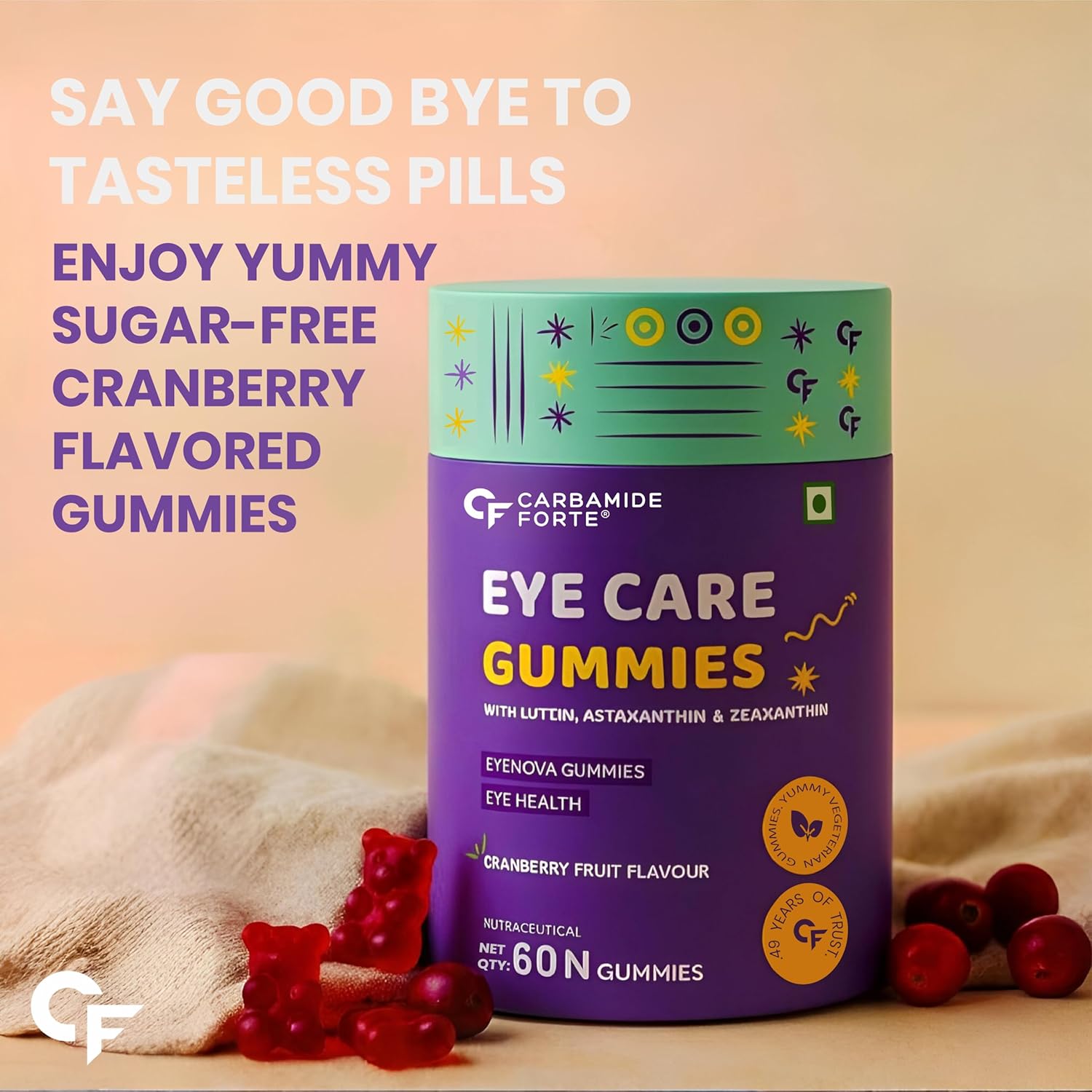 Carbamide Forte Eye Supplement Gummies | Lutein and Zeaxanthin Supplements For Women & Men | Lutein 10mg, Zeaxanthin 2mg & Astaxanthin 2mg | Eye Supplements to Improve Vision | 60 Veg Eye Gummies