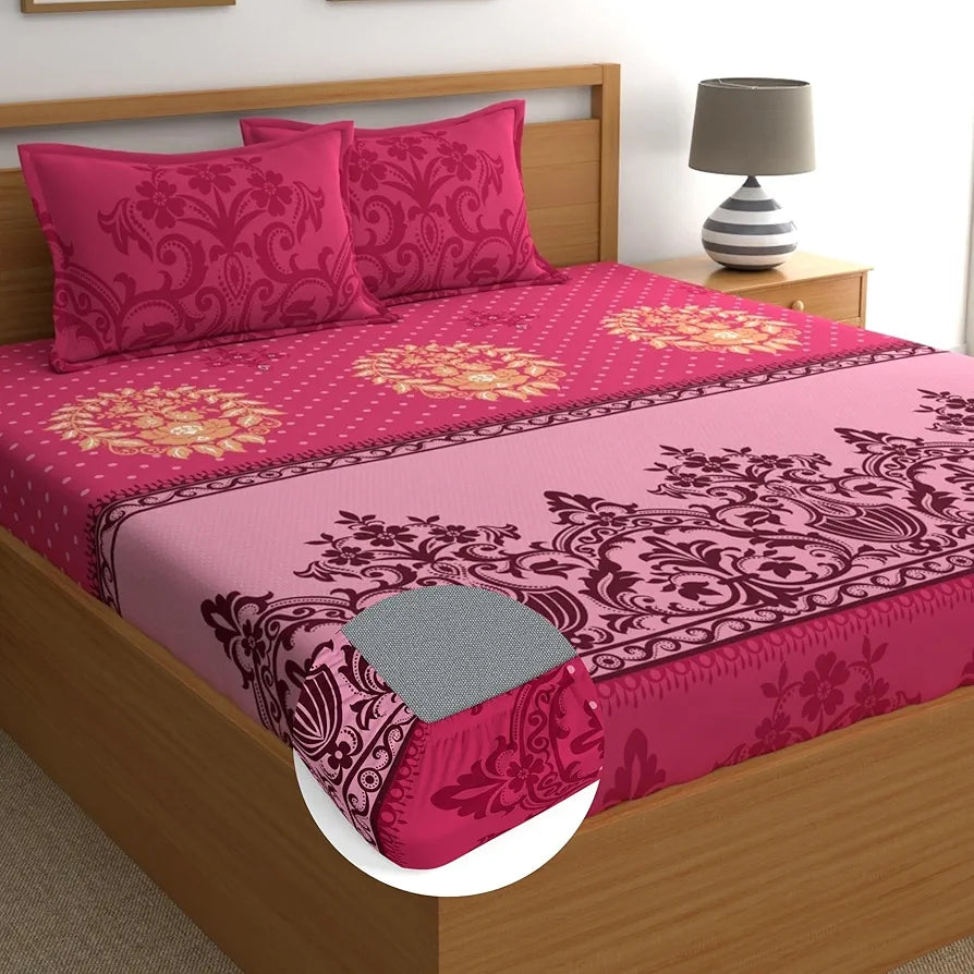 Dreamscape Cotton King Fitted Floral Bedsheet With 2 Pillow Covers Strawberry Splendour